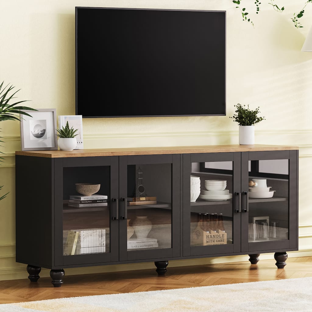 Black + Dark Walnut Farmhouse 63" TV Stand Cabinet with Tempered Glass Doors and Adjustable Shelves for TVs Up to 70"