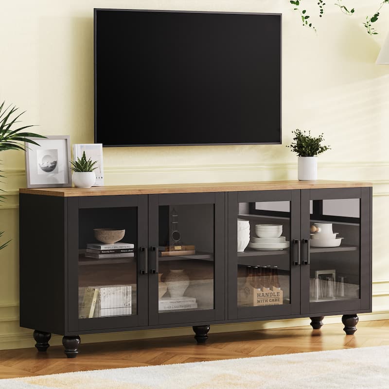 TV Storage Console for TVs up to 70" Media TV Console Table w/ 2 Cabinets, Glass Door Entertainment Center for Living Room - Black + Dark Walnut