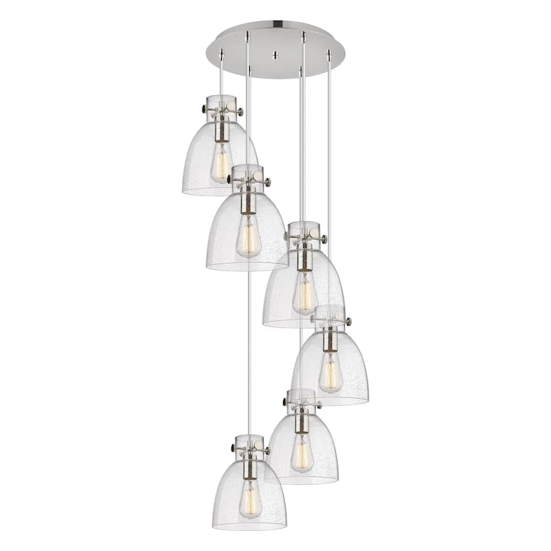 Innovations Lighting Newton Bell - 6 Light 8" Cord Hung Multi Pendant - 14" Canopy - Polished Nickel/Seedy