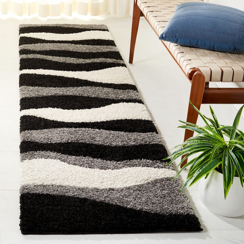 SAFAVIEH Florida Shag Melahat Abstract Wave 1.2-inch Thick Rug - 2'3" x 9' Runner - Grey/Black