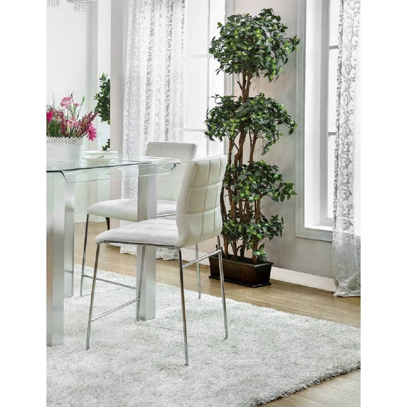 White Color Leatherette 2pcs Counter Height Dining Chairs Chrome Metal Legs Dining Room Counter Height Chairs