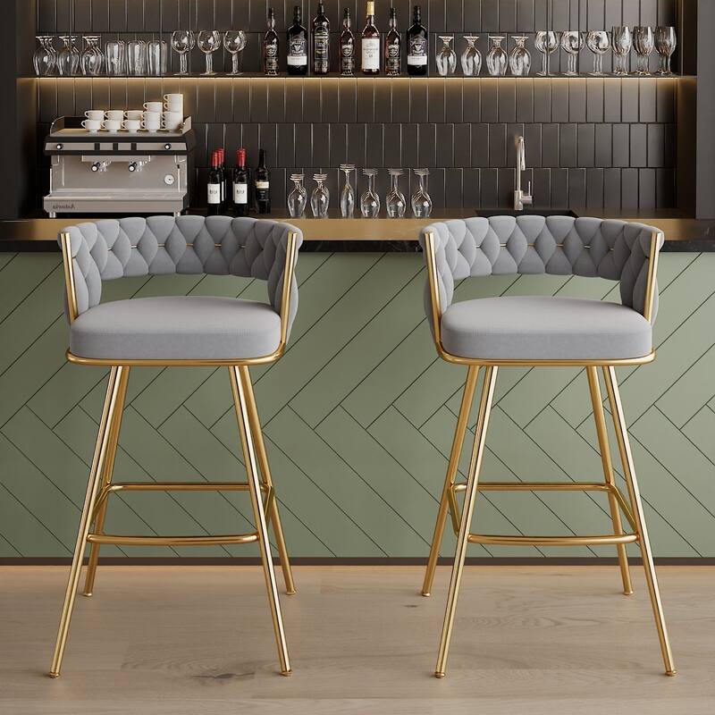 VECELO Counter Height Bar Stools with Woven Backrest 26.77" Seat Height Mid-Century Modern Upholstered Bar Chairs for Kitchen - Grey - Set of 2