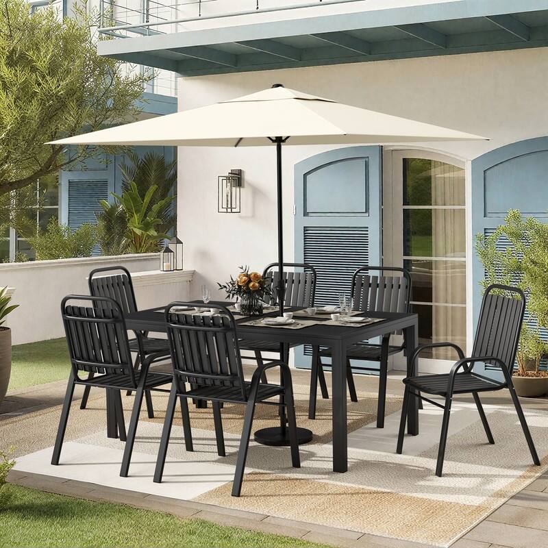6-Person Patio Dining Set, Stackable Chairs and Rectangular Steel Table with Umbrella Hole - Black