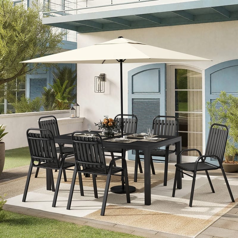 6-Person Patio Dining Set, Stackable Chairs and Rectangular Steel Table with Umbrella Hole