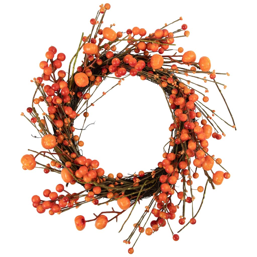 Red Orange Berries with Mini Pumpkins Fall Harvest Wreath, 20", Unlit