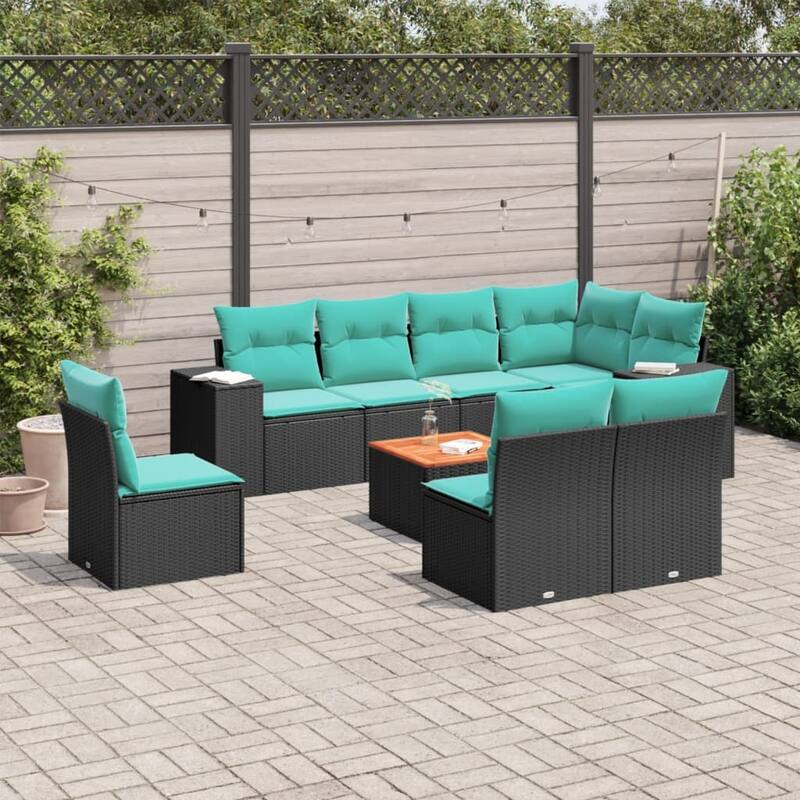 vidaXL 9 Piece Patio Sofa Set with Cushions Black Poly Rattan - 24.4 x 24.4 x 27.2