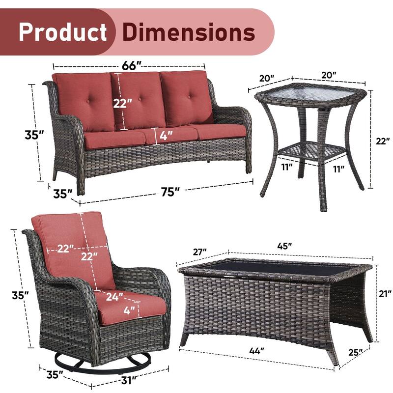 Pocassy 5 Pieces Outdoor 4 Inch Sofa Swivel Chairs Table