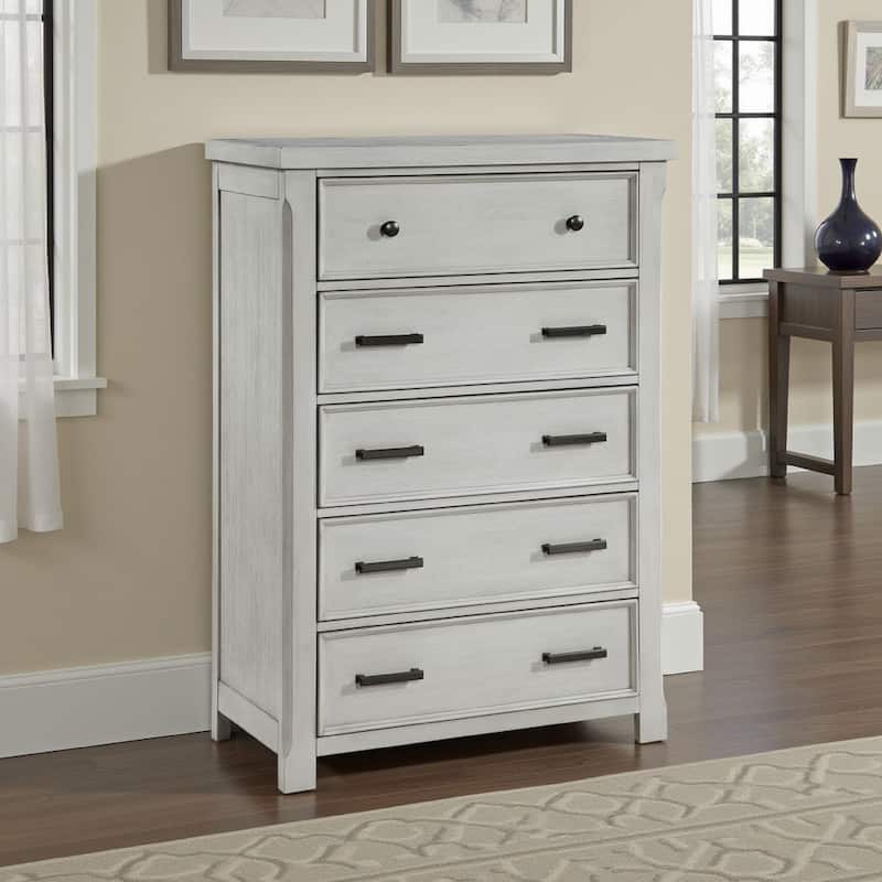 Brok Tall Dresser Chest, 5 Drawer Black Bar Handles, Light Gray Acacia