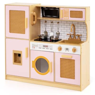 MDF Rattan Kids Play Kitchen with Lights, Sounds and Accessories - 33" × 10" × 31.5"