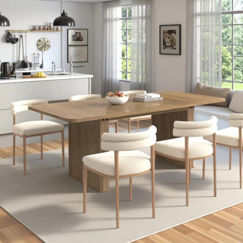 Rounded stripes Extendable Dining Table for 6-10 People, Wood Table with Double Robust Pedestal, Conference Meeting Table