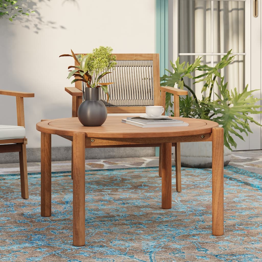 Natural Wooden Outdoor Coffee Table, Round Solid Wood Patio Table - 17.72" H