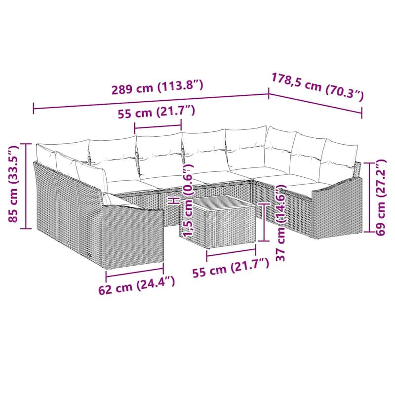 vidaXL 10 Garden Sofa Set with Cushions Black/Grey Poly Rattan - 113.8 x 70.3 x 27.2