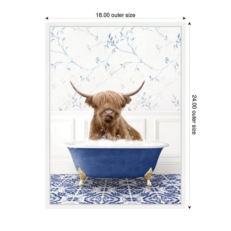 Kate and Laurel Sylvie Highland Cow in Eclectic Blue Bathtub Framed Canvas by Amy Peterson