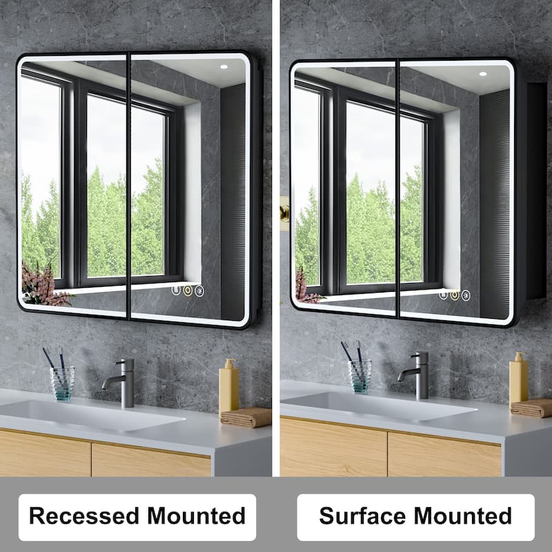 Aris Recessed/Surface Mount Bathroom Medicine Cabinet with Mirror and Lights, Dimmable, Color Adjustable, and Fast Defogging