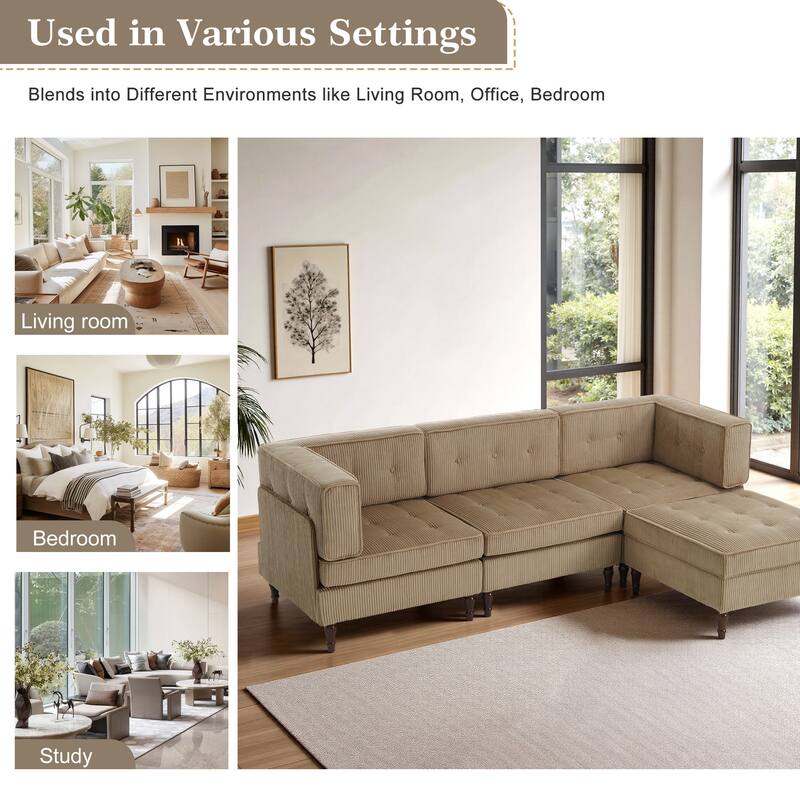 UIXE 4 - Piece Corduroy Sectional Sofa with Flip-Top Storage Ottoman Coffee Table