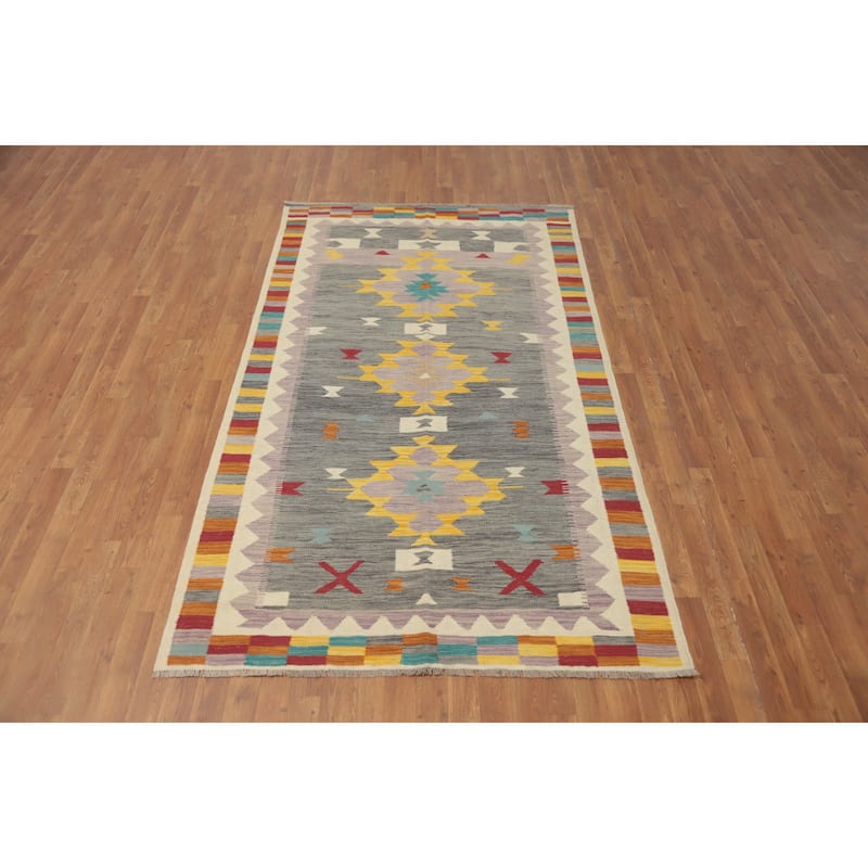 Hand Woven Oriental 100% Wool Carpet Southwestern Tribal Greys & Charcoal Kilim Area Rug - 8' 3'' X 4' 9''