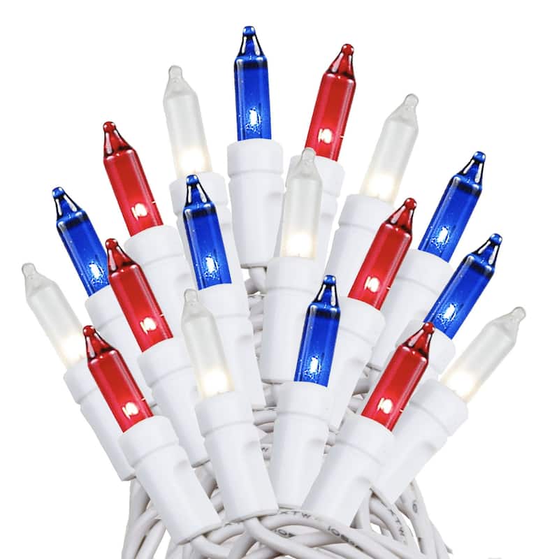 100 Light Christmas Mini Light Set, White Wire, 50' Long - Red/White/Blue