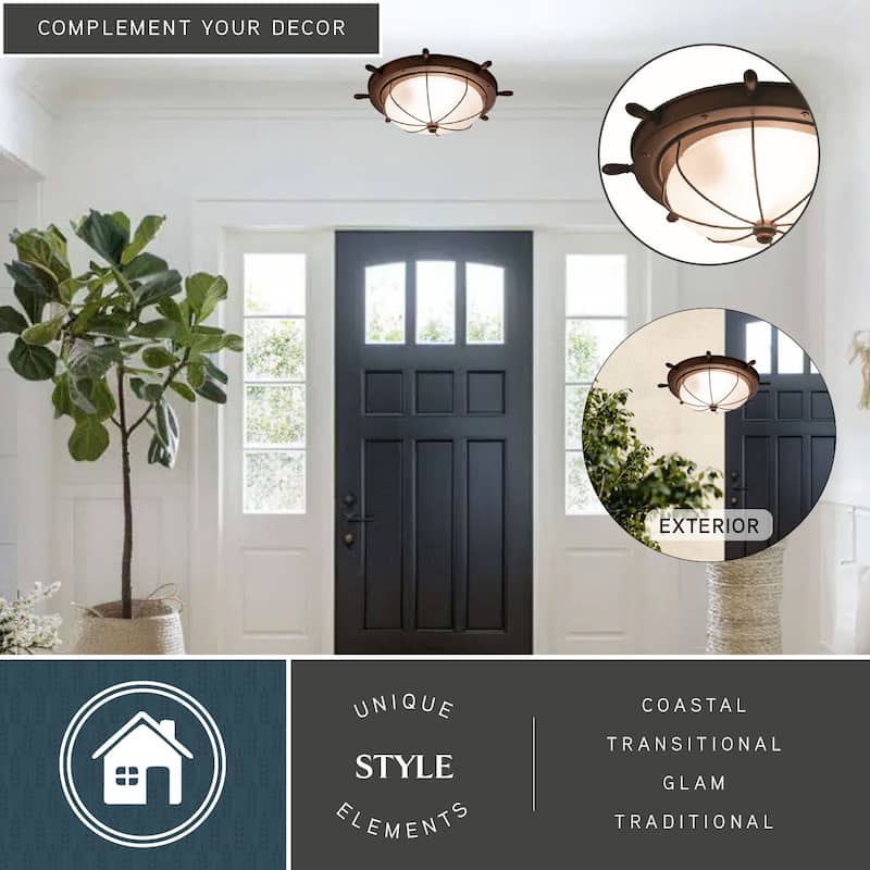 Orleans Coastal Ship Wheel Indoor Outdoor Ceiling Light White Glass - 15-in W x 5-in H x 15-in D