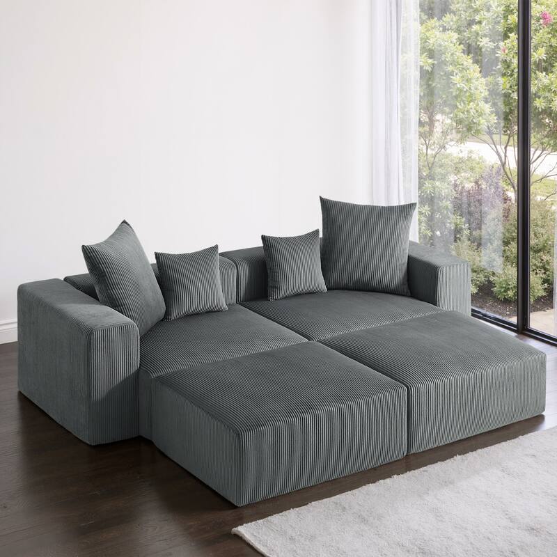 4-Piece Modern Corduroy Modular Sectional Sofa Set with 4 Throw Pillows