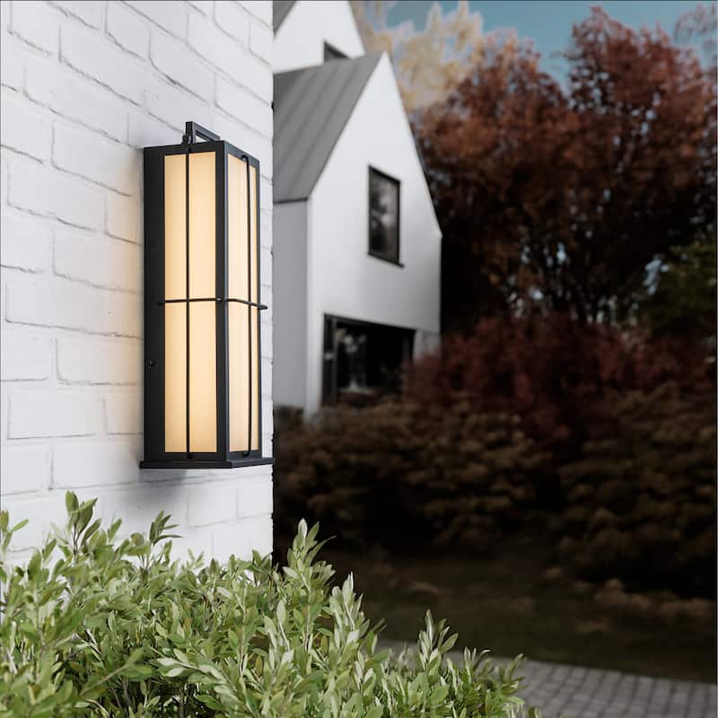 16 in. Black Outdoor Integrated 16W LED Wall Lantern with Frosted Panels and Dusk-to-Dawn Sensor for Porch & Garage - W5''