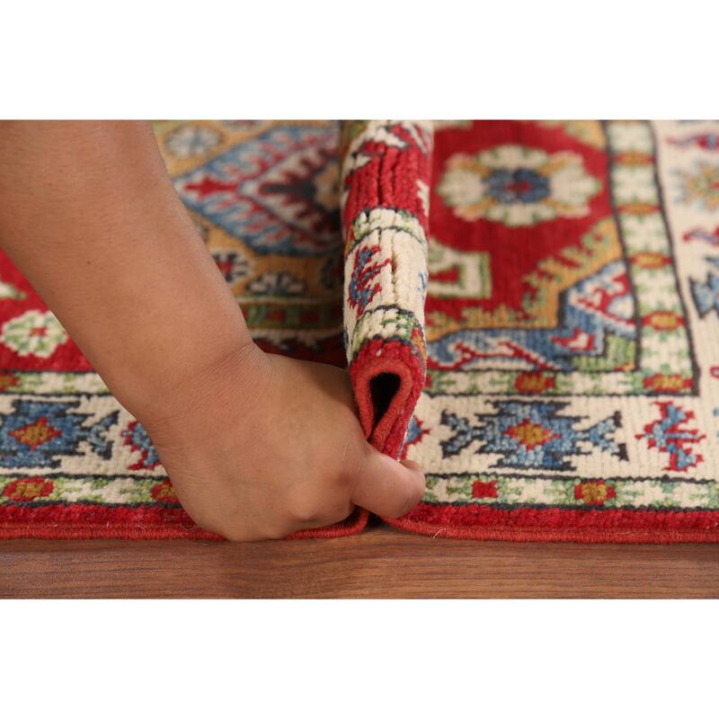 Red Kazak Foyer Rug Hand-Knotted Geometric Wool Carpet - 2'0" x 3'2"