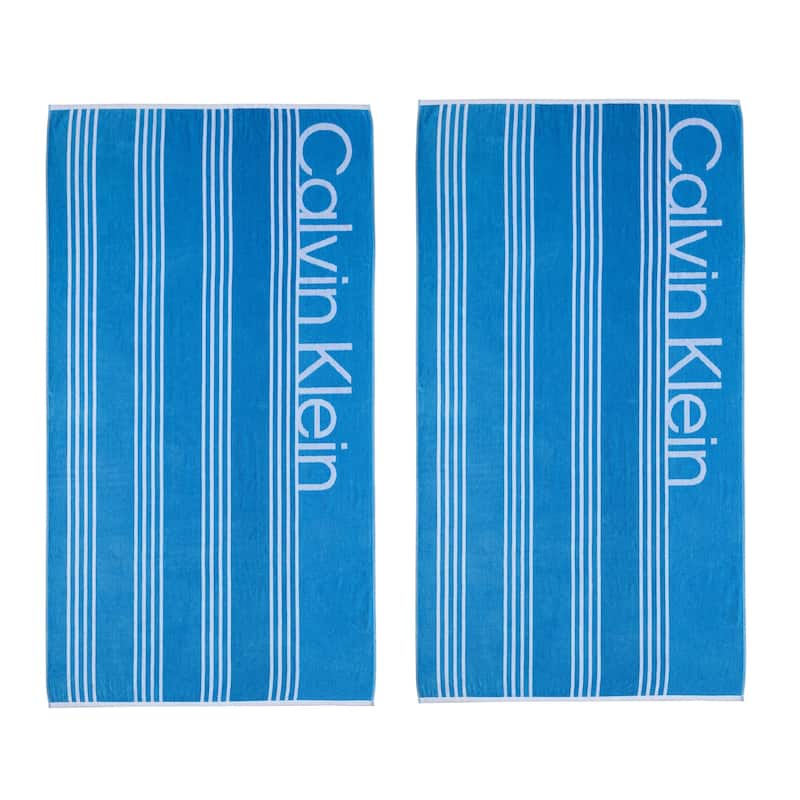 Calvin Klein 2 Piece Beach Towel Set - 2 Piece - Pinstripe Logo Blue