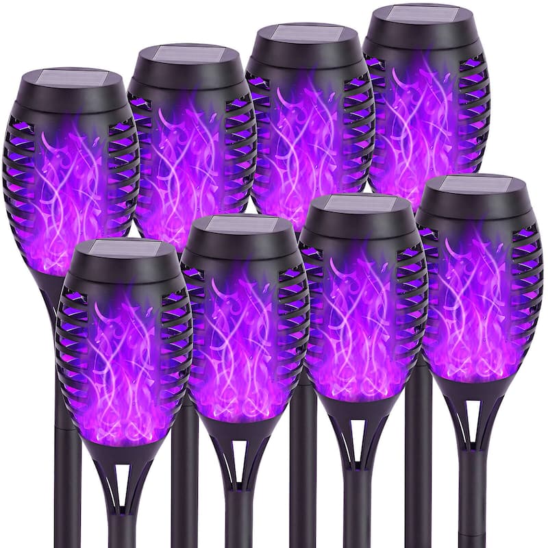 Mini Solar Torches Lights with Flickering Flame Outdoor Waterproof for Pathway - 8 Pack - Purple