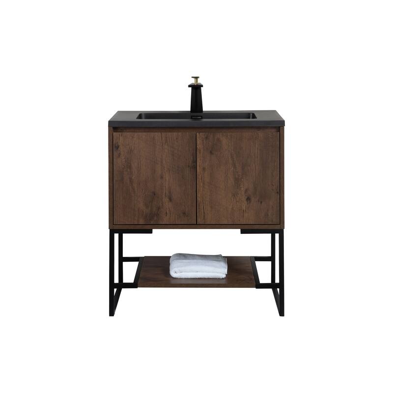 Freestanding Bathroom Vanity Set in Rose Wood with Integrated Solid Surface Sink