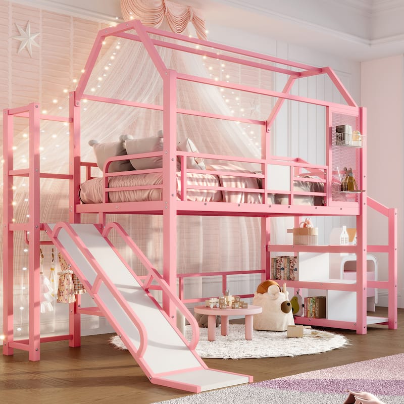 Roomfitters House Loft Bed with Slide and Stairs, Metal Playhouse Frame with Storage Shelves