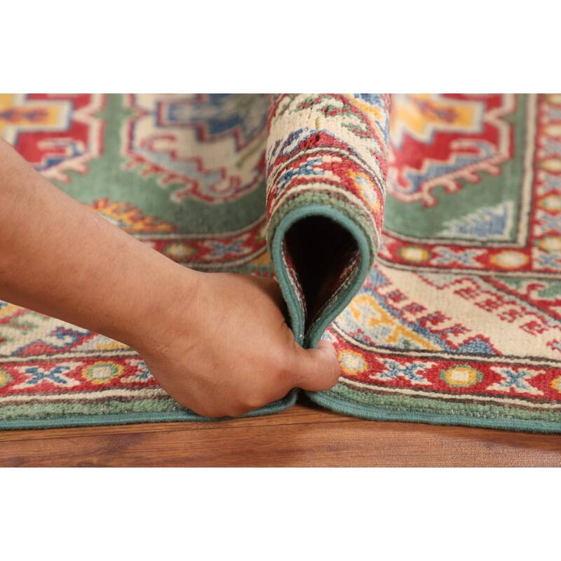 Green Geometric Kazak Accent Rug Hand-Knotted Wool Carpet - 2'9" x 3'11"