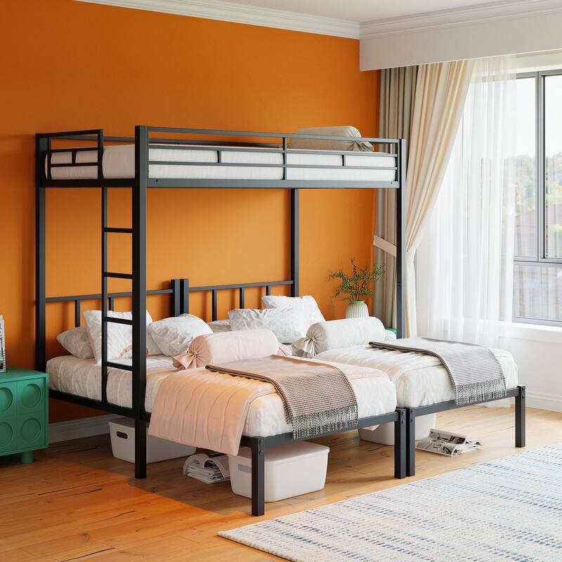 Convertible Triple Twin Bunk Bed with Safety Guardrails, Ladder, and Durable Metal Frame - Black