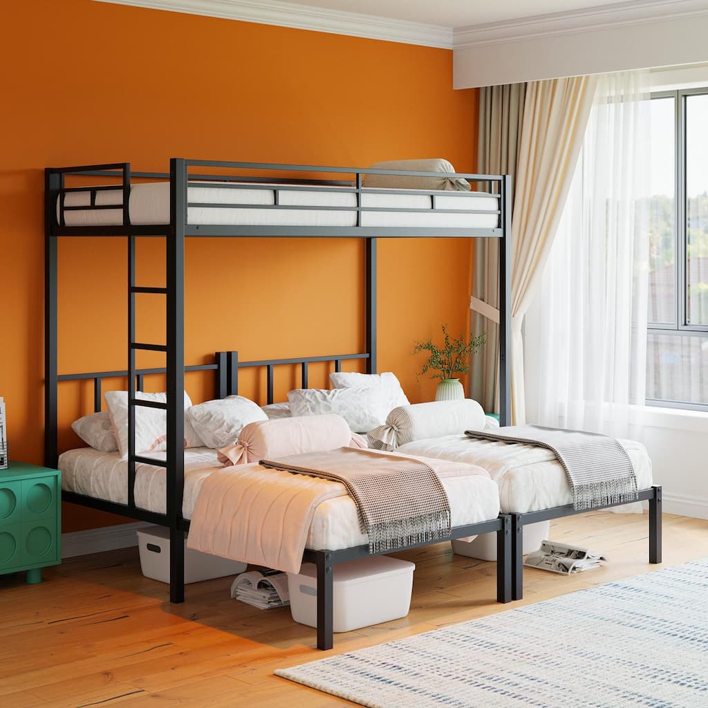 Convertible Triple Twin Bunk Bed with Safety Guardrails, Ladder, and Durable Metal Frame