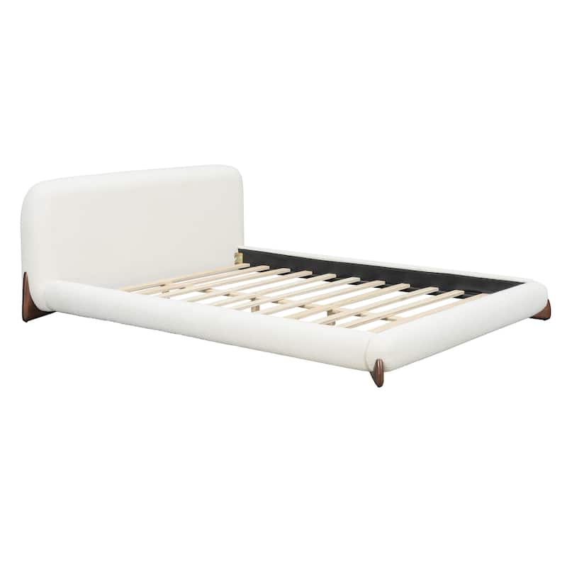 White Upholstered Low-Profile Platform Bed with Boucle Thick Headboard, Solid Wood Legs Grounded Bed Frame, Floor Bed