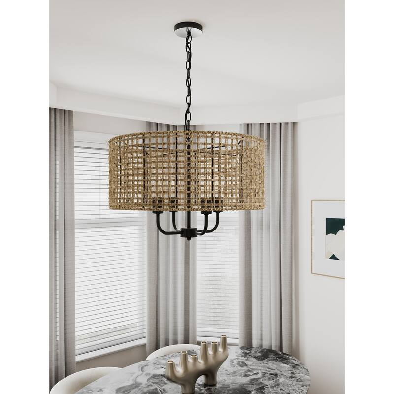 Retro Vintage 4-Light Personality Hemp Rope Pendant Lighting Fixture - Black