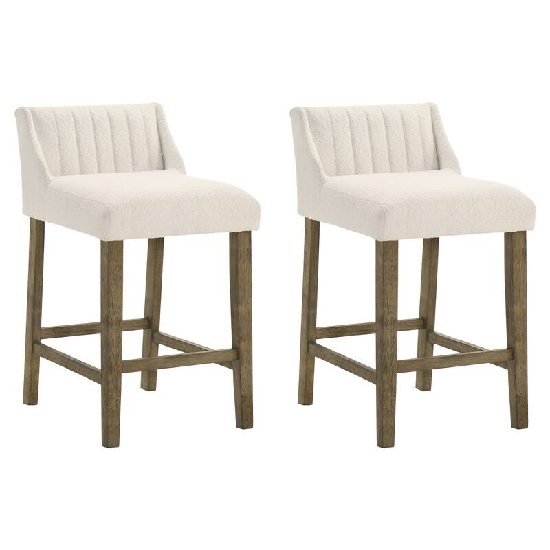 Fauna Low-Back Boucle Bar Stool, Upholstered Counter Height Kitchen Barstool with Wood Legs - Set of 2 - Putty Brown - Counter Height
