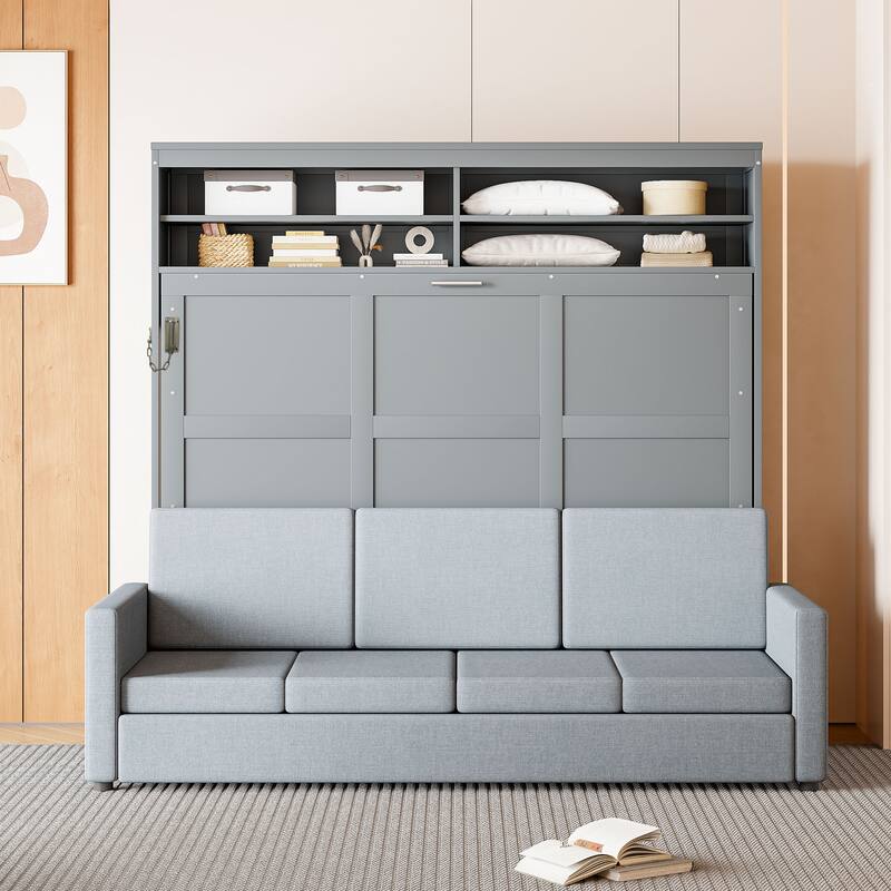 Queen Size Murphy Bed Wall Bed with Sofa by Harper&Bright Designs - Grey