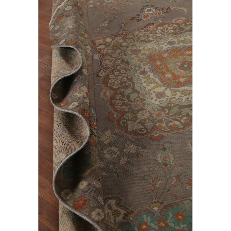 Gray Distressed Tabriz Persian Vintage Area Rug Handmade Wool Carpet - 9'7"x 13'0"
