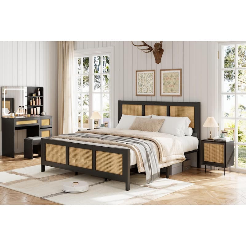 Rattan Bed Frame with Headboard, Black Bohemian Cane Platform Bed Frame