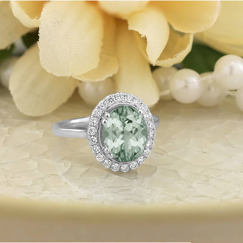 Auriya Vintage 1 5/8ct Oval Green Amethyst and Halo Diamond Engagement Ring 1/3ctw 14k Gold