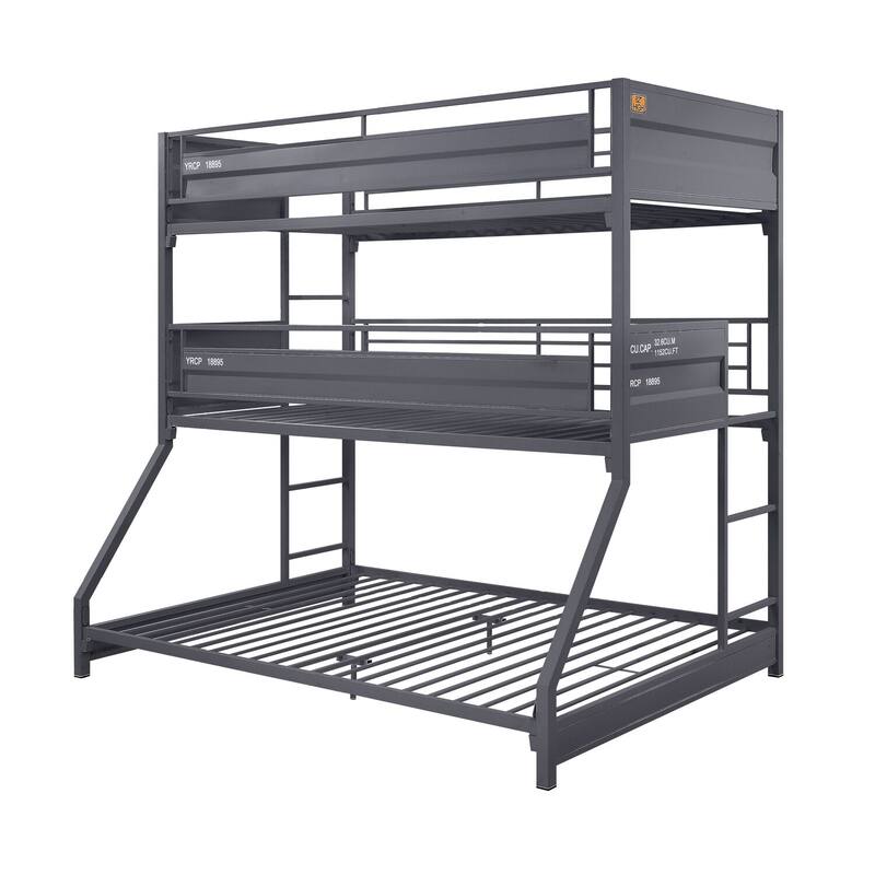 Triple Bunk Bed Metal Frame Twin Twin Full Space Saving Design Gunmetal Finish