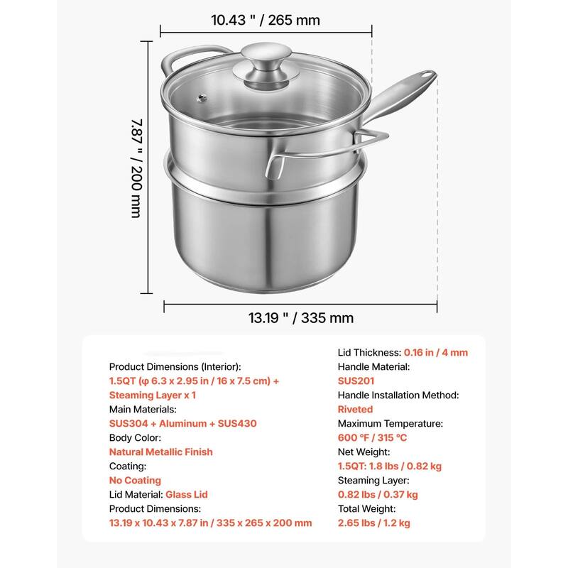 Silver 2-in-1 Aluminum Saucepan with Steamer Insert Oven Safe for Daily Use