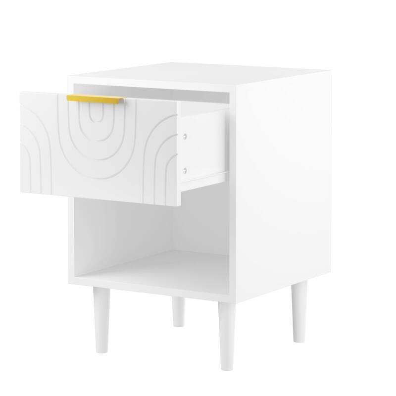 Modern White Nightstand with Gold Handle, 1 Drawer & Open Shelf