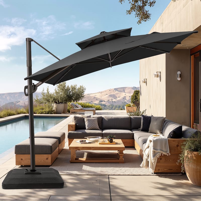Pellebant 9X11FT Outdoor Dual Top Patio Umbrella Cantilever Offset with Base