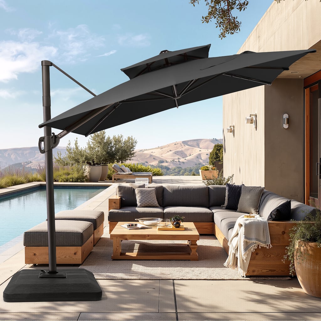Pellebant 9X11FT Outdoor Dual Top Patio Umbrella Cantilever Offset with Base
