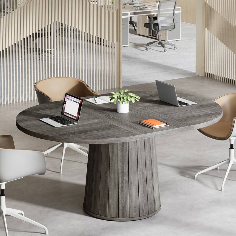 55.11 Inch Brown Wood Oval Conference Table with Wood Base for 6 People