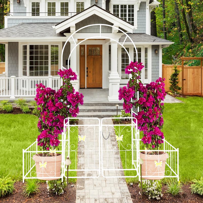 Metal Garden Arch with Gate 79.5'' Wide x 86.6'' High Climbing Plants Support Rose Arch Outdoor Cream