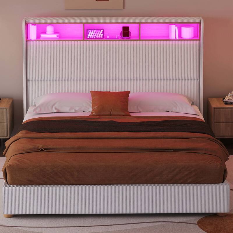 Moasis Corduroy Upholstered Platform Bed Frame with Charging Station and RGB LED Lights