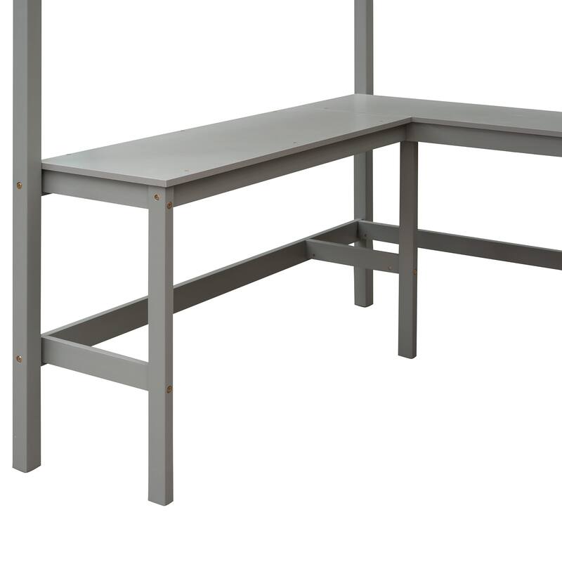 Space-Saving Full Size Loft Bed with Shelves and Desk in Gray