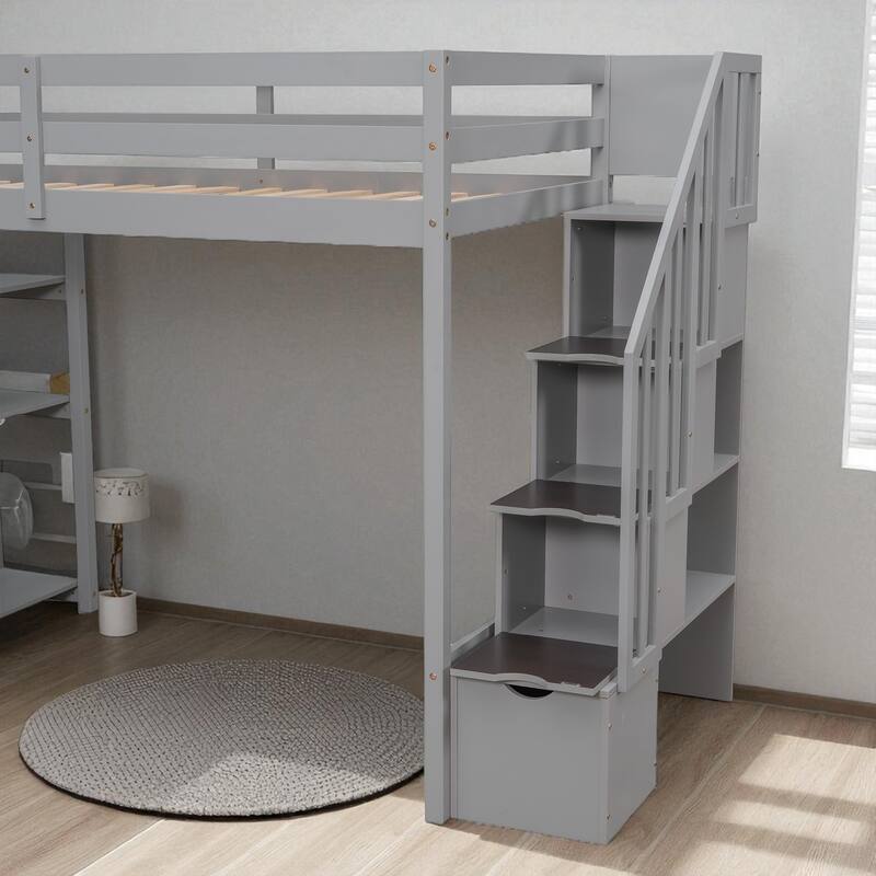 Twin Size Wooden Loft Bed with Drawers, Shelves, and Stairs for Kids Teens, No Box Spring Required
