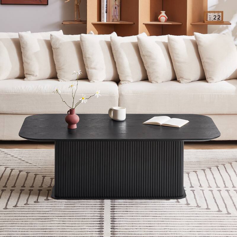 Modern Coffee Table Stylish Rectangular Center Table with Oak Tabletop and Frame, for Living Room, Black